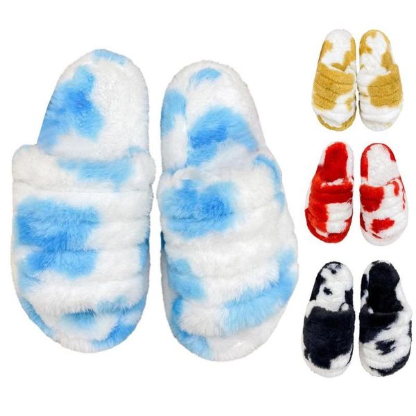 

slippers fluffy open toe flat women cow pattern soft plush furry cozy shoes summer flats sweet ladies, Black