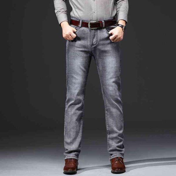 

men's jeans 2021 spring autumn jeans casual slim fit small straight tube middle-aged and young men's light gray elastic pants, Blue