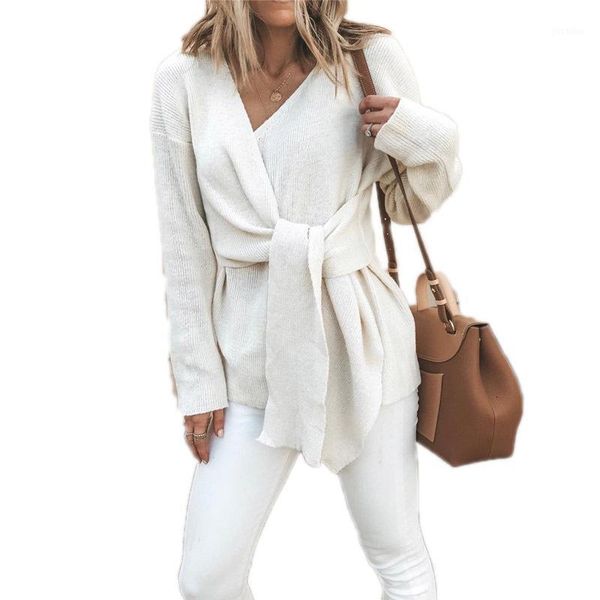 

sweater women autumn knit casual pullover 2019 long sleeve winter lace up v-neck ladies white black woman clothes1