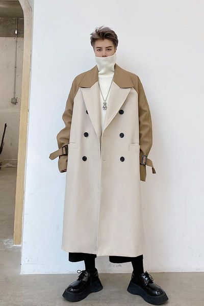 

men's trench coats male streetwear vintage jacket overcoat men double breasted color solice loose long casual trenchcoat outerwear, Tan;black