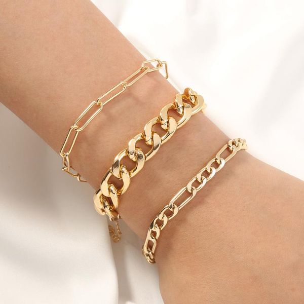 

link, chain 3pcs punk cuban bracelets set for women miami boho thick gold color charm bangles fashion jewelry gift, Black