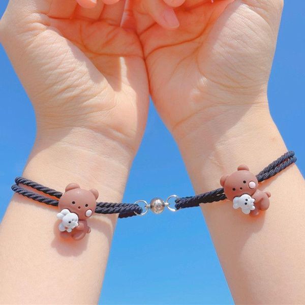 

charm bracelets 2pcs hug bear duck charms couple magnetic adsorption paired braclet braided rope bracelet pulseras lovers, Golden;silver