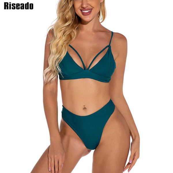

women's swimwear riseado v-neck bikinis solid dark green cut out seperate swimsuits lace up bathing suits high thong biquini, White;black