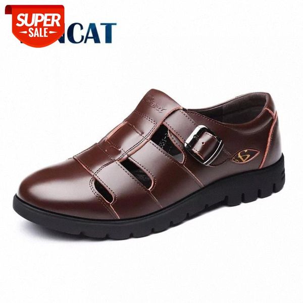 

vancat men's summer shoes cow split leather new 2019 men sandals hollow platform business sandal driving moccasins big size38-47 #0m4q, Black