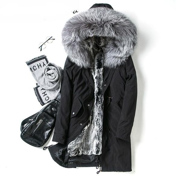 

men's leather & faux parka long mens fur collar shearling male coat commute clothes, Black