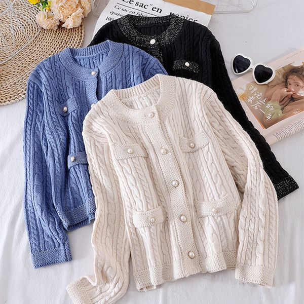 

women vintage solid knitted cardigan korean o neck loose long sleeve autumn winter pearl button casual cardigans, Black;gray