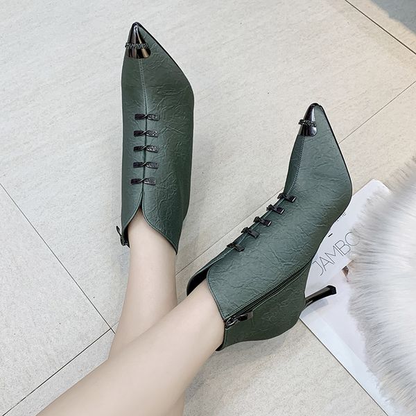 

2021 Autumn Winter Zip Stitch Ankle Boots Crystal Pointed Toe High Hels Dress Shoes Thin Heels botas retro mujer Fashion 8486N, Green