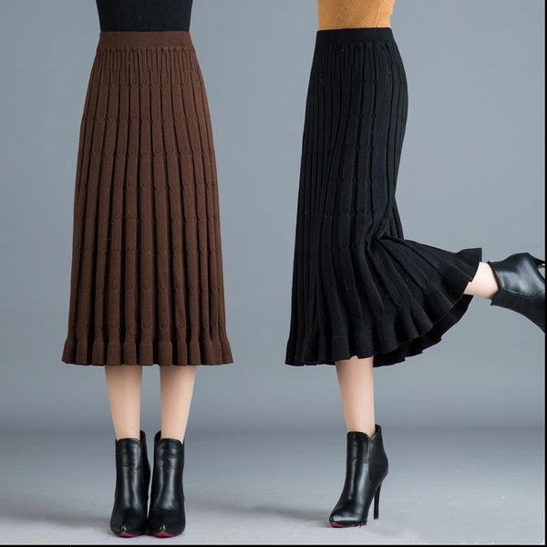 

knitted pleated skirt long womens 2020 autumn winter long skirt thick wool high waist woman skirts mujer faldas saias mulher, Black