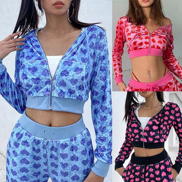 

yoga outfit spring/fall basic tracksuit velour suit zipper up heart printed pink sweatshirt+straight-leg pant women velvet 2 piece set