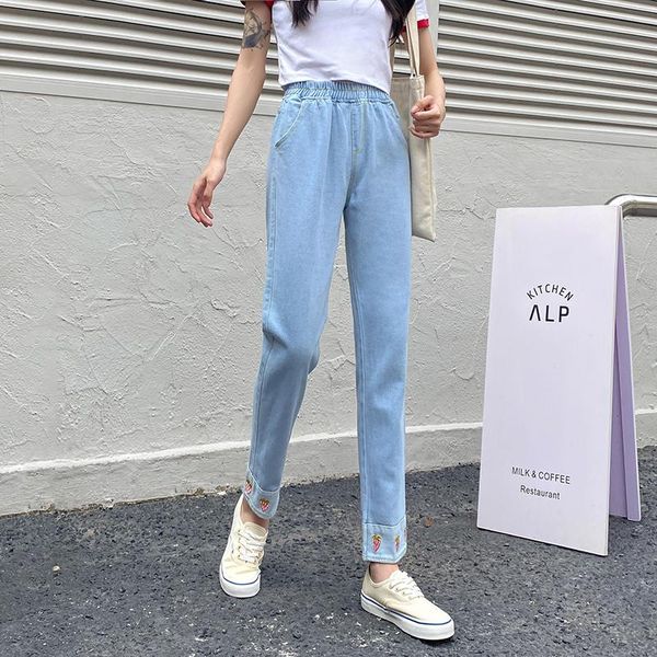 

women's jeans embroidered chic women loose cropped trousers 2021 street stylish jean thin high waist straight leg pants bf tide, Blue