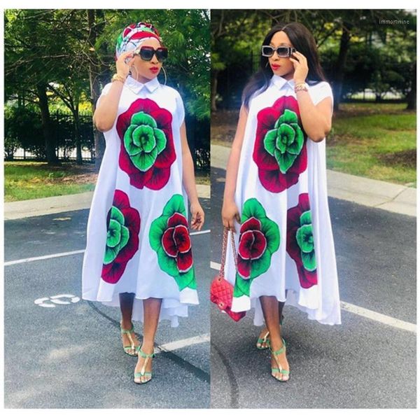 Ethnische Kleidung Sommer Damen Kleider 2021 Große Blume Drucken Kurze Ärmel Lose Sexy Bazin Lange Robe Elegante Nigeria Hemd Kleid Casu