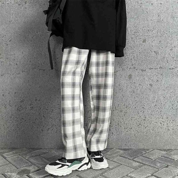 HybSkr Männer Casual Lose Gerade Hosen Frau Mode Harajuku Stil Hosen Männlich Schwarz Weiß Plaid 210715