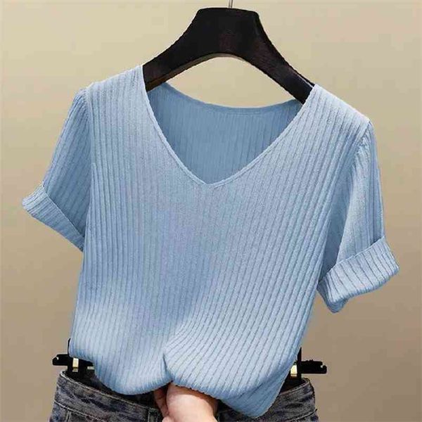 

blue knitted short sleeve tshirt women summer t-shirt thin v-neck female tee shirt loose dames gebreid tshirt camiseta 210623, White