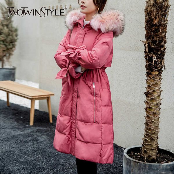 

twotwinstyle winter patchwork fur women's cotton coat hooded long sleeve high waist pocket warm thick parkas female fashion 201029, Black