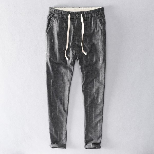 

2021 new striped linen brand casual loose elastic waist trousers comfortable beach pants for men stretch 30-40 size p8w1, Black