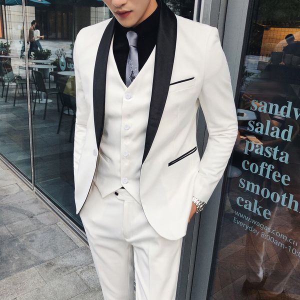 Casamento branco smoking 2022 moda homens slim boutique negócio noivo vestido blazers jaqueta colete calças (jaqueta + calça + colete)