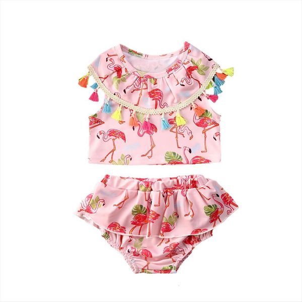 

summer 1 5y toddler kids baby girls bikini sets swimwear cartoon print tassel ruffles sleeve t shirts shorts 2pcs, White