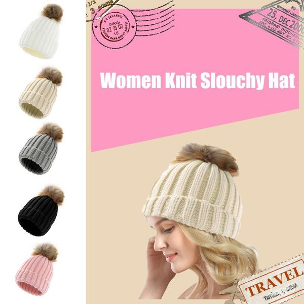 

wide brim hats for women knit slouchy twists knitting beanie chunky baggy hat with faux pompom winter soft warm ski cap, Blue;gray