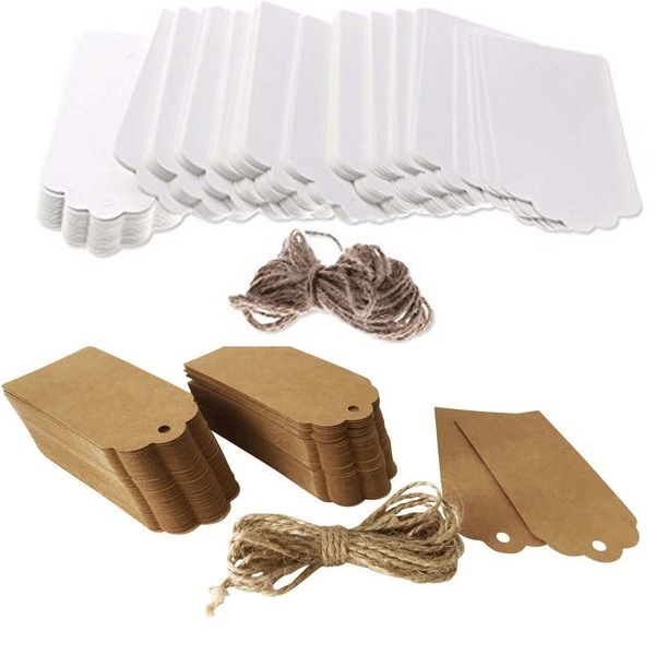 Etichette rettangolari di carta Kraft da 100 pezzi Etichette rettangolari di carta da appendere 9 cm Etichetta da forno bianca / marrone con etichette regalo con spago di iuta Carte regalo per forniture per feste di nozze