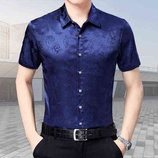 

dragon pattern summer drs chine style men's short sleeve imitation shirt loose men's silk satin middle-aged and elderly, White;black