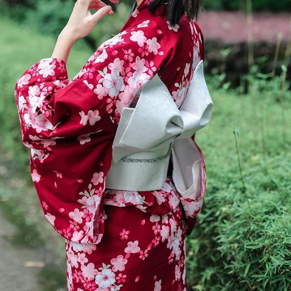 

ethnic clothing japanese kimono bathrobe red small cherry blossom set bath gown original yukata dress vintage floral robe