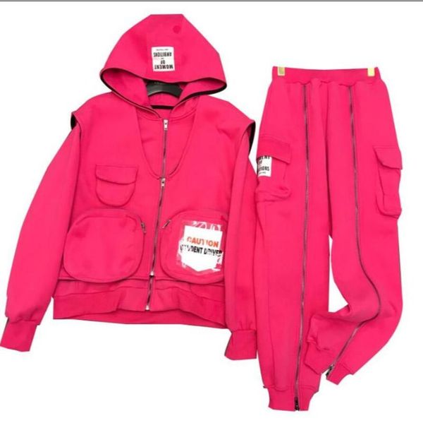 

two piece dress 2021 autumn and winter letter hooded shirt + pockets vest jacket double zipper pants three set space cotton hoodies, White