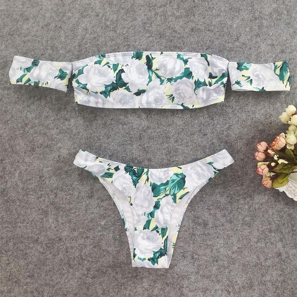

women's swimwear off shoulder maillot de bain 2021 brazilian floral femme swimsuits bathing bandeau push-up padded beach biquinis, White;black