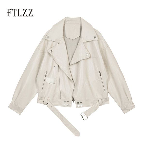 

2021 new autumn women coat spring loose biker motorcycle leather jacket ladies black white pu outwear with belt femme pi84