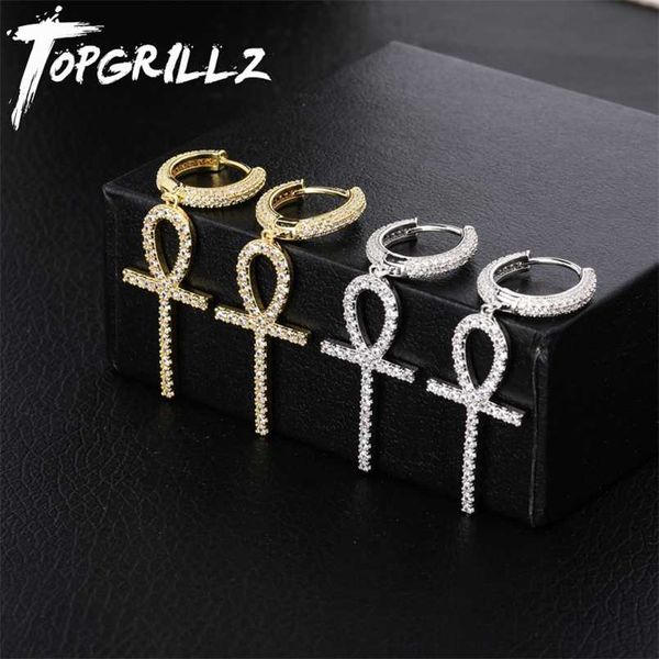 TopGrillz Iced Zircon Ankh Cruz Brinco Cor Prata Cor Micro Pavimentada AAA Bling Cz Brincos de Pedra para Homem Mulheres Hip Hop Jóias 211009