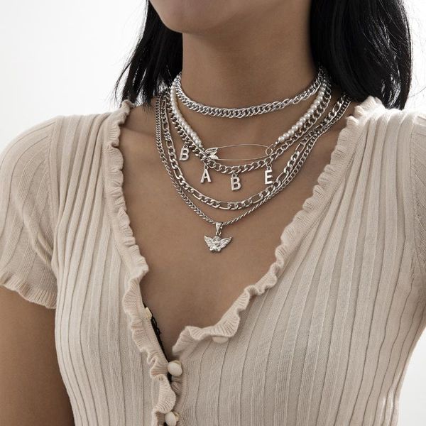 

chains exaggerated gender pin pearl women necklace punk hip hop babe letter angel european and american jewelry gift, Silver