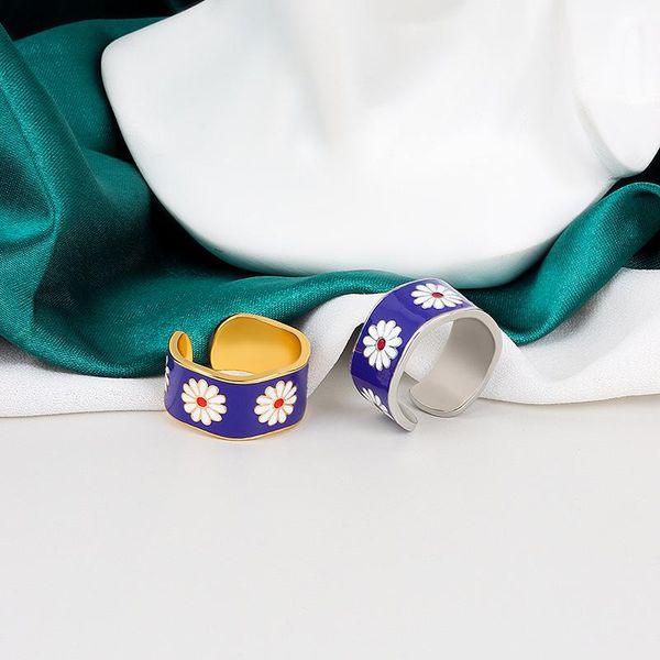 

wedding rings retro enamel oil dripping small daisy opening female ins trend simple index finger fresh ring for girl gift jewelry, Slivery;golden
