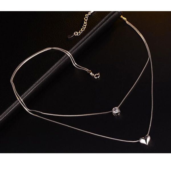 

necklaces 925 sterling silver necklace double layer chain zircon heart pendants for women kolye choker s-n157