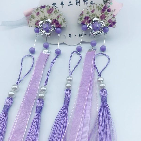 

wyinya a pair of antique fringe streamers wooden fan hairpin cute antique flower girl hair accessories hairpin, Slivery;white