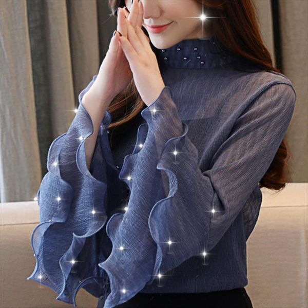 

fashion beading pink chiffon women blouses long sleeve and blusas femininas a759, White