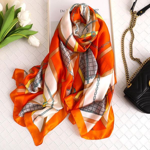 

scarves 2021 women silk scarf fashion beach quality shawl luxury autumn winter lady beautiful chain print hijab, Blue;gray