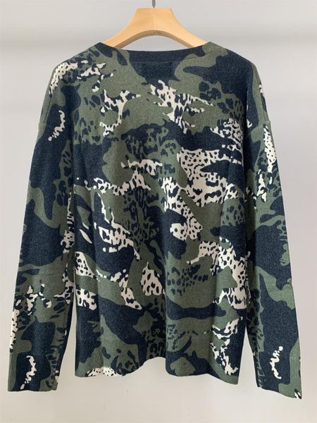

women sweater autumn/winter new leopard camouflage print v-neck drop-shoulder profile loose cashmere sweater top, White;black