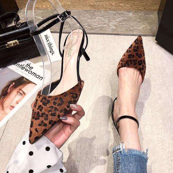 

womens shoes spring 2021 one piece dropshipping leopard pointed toe stiletto ankle-strap buckle thin strap double stitching fabric high heel, Black