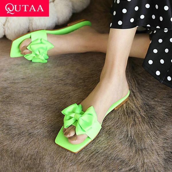 

sandals qutaa 2021 summer open toe women flat heels pu leather bowknot all match slingback fashion female shoes big size 34-43, Black