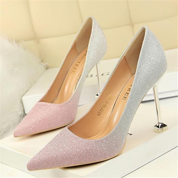 

dress shoes women's high heels fashion stiletto heel shallow mouth pointed shiny color gradient thin, Black