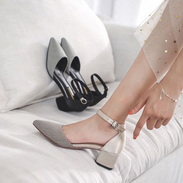 

elegant pointed close toe gingham shallow sandals summer women shoes buckle cover heel outside ladies sandales plaid cloth d3lw#, Black