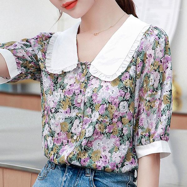 

blouse women 2021 blusa v-neck print chiffon shirt summer short sleeve shirts clothes blusas mujer d210 women's blouses &, White