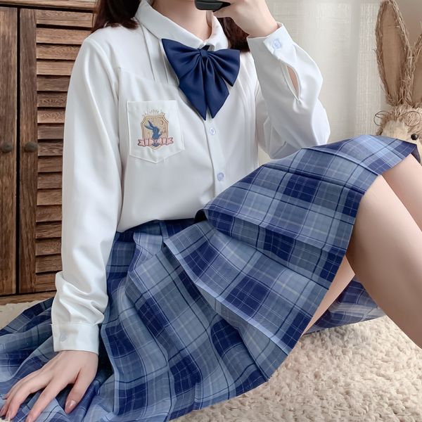 

japanese jk uniform and bloues women harajuku vintage aesthetic rabbit dolphin anime embroidery long sleeved female shirt, White