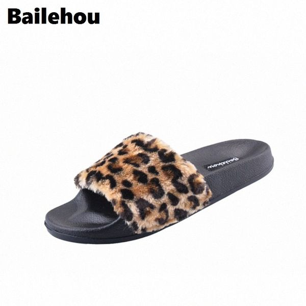 

bailehou fashion women flat slippers faux fur flat shoes leopard slip on slides outdoor slippers zapatos mujer sandal size 36 41 men b z2sy#, Black