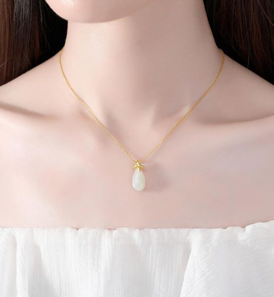 

s925 sterling silver inlaid natural hetian jade bamboo leaf drop pendant