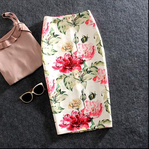 

women skirts summer print flowers pencil skirt casual skirts knee length plus size faldas mujer moda jupe femme, Black