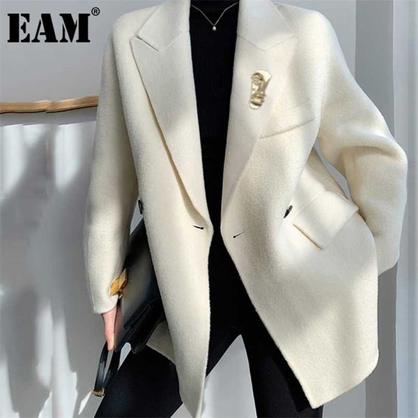 [EAM] Cappotto di lana con temperamento breve bianco vestibilità ampia Parka a maniche lunghe Moda donna Autunno Inverno 1DD3859 211106