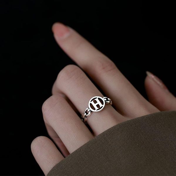 

cluster rings retro letter h shape open for women punk hip hop adjustable ring fashion korean design jewelry gifts, Golden;silver