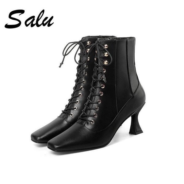 

boots salu fashion comfortable genuine leather women's ankle elegant pointed toe high heels shoes party casual woman, Black
