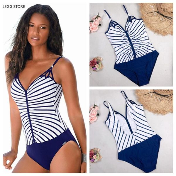 

vintage swimsuit women plus size one piece swimwear deep v neck 2021 striped backless bathing suit tummy control monokini beach