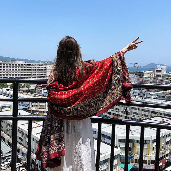 

bohemian style red women's travel holiday beach towel seaside sunscreen shawl silk scarf, Blue;black